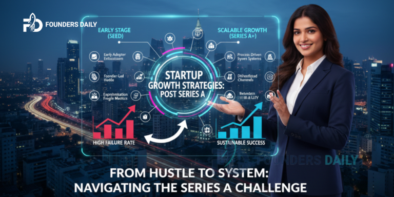 Startup growth strategies discussion after Series A funding with founders analyzing metrics